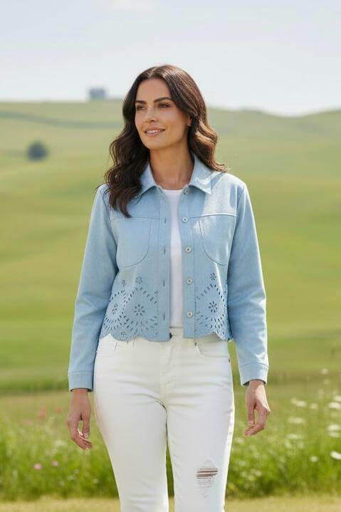 Kurze Veloursjacke mit Blumenmuster - Hellblau