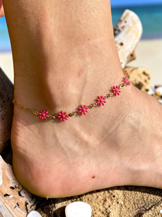 Goldenes Fußkettchen mit pinken Blumen