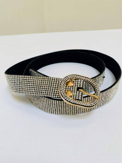 Schwarzer weicher Gürtel mit Silber Strasssteinen