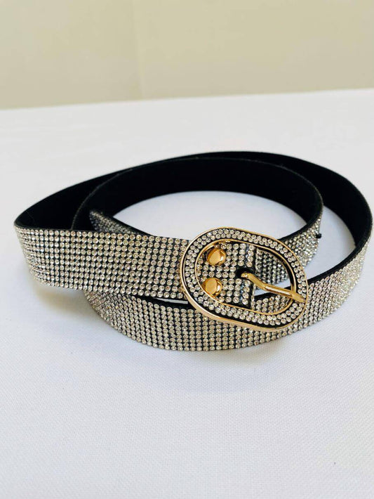 Schwarzer weicher Gürtel mit Silber Strasssteinen