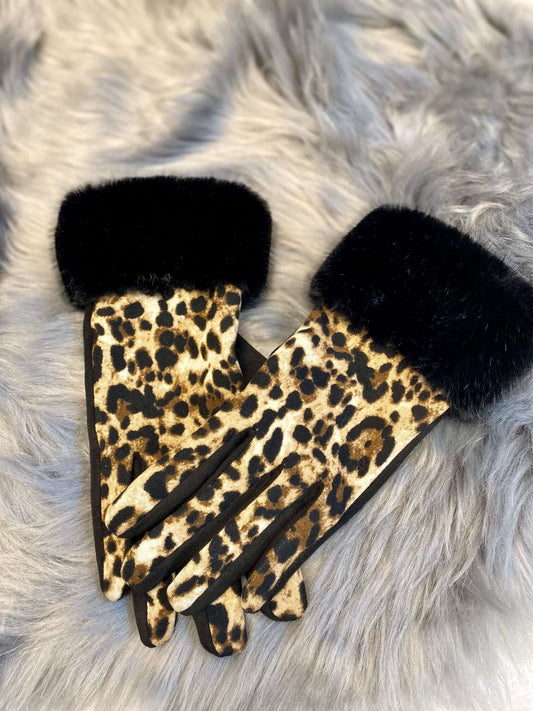 Dünne Plüsch Handschuhe im Leoprint