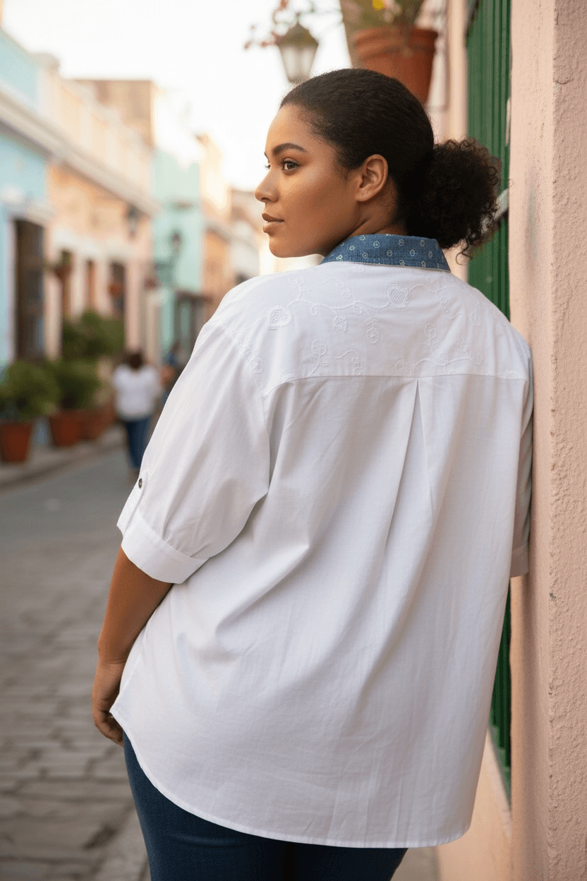 Weiße Baumwoll-Hemdbluse mit Jeansdetails