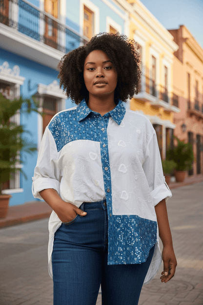 Weiße Baumwoll-Hemdbluse mit Jeansdetails