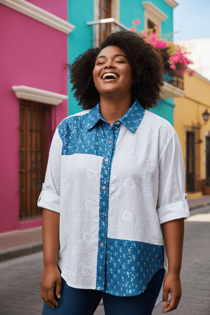 Weiße Baumwoll-Hemdbluse mit Jeansdetails