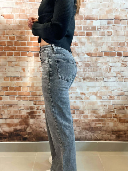 Graue Jeans mit breitem Bein -  High Waist