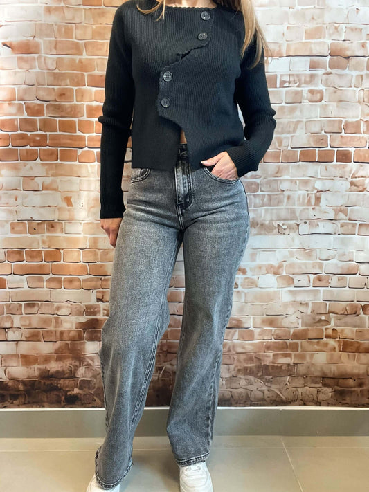 Graue Jeans mit breitem Bein -  High Waist