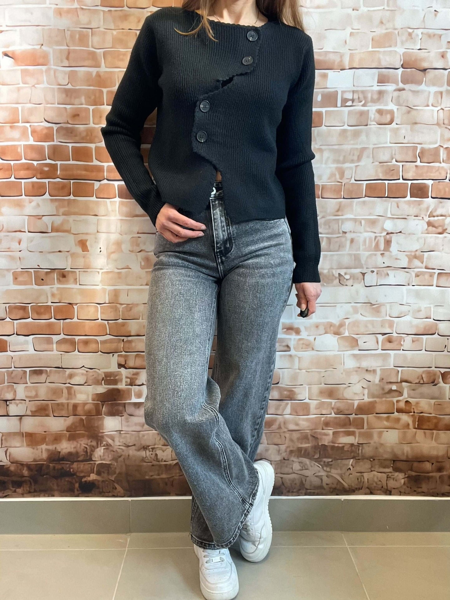 Graue Jeans mit breitem Bein -  High Waist