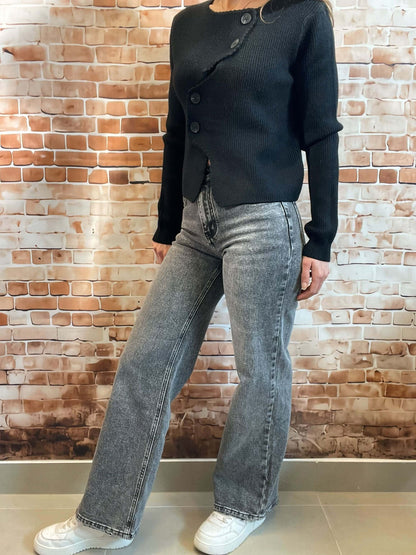 Graue Jeans mit breitem Bein -  High Waist