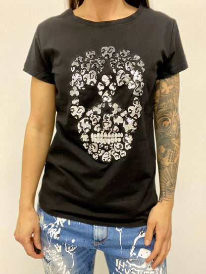 Kurzarmshirt mit Silber Totenkopfmotiv