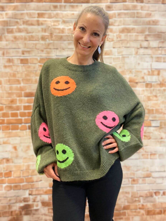 Strickpullover mit bunten Smileys - Oversize