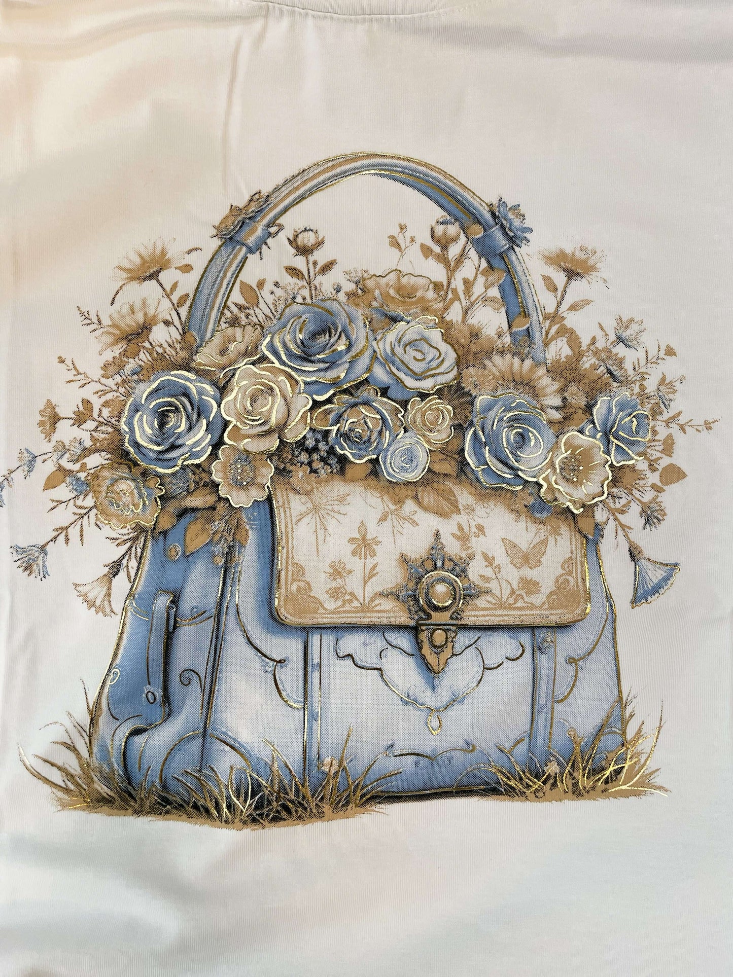 Weißes Kurzarmshirt mit Handtaschen-Blumen Motiv