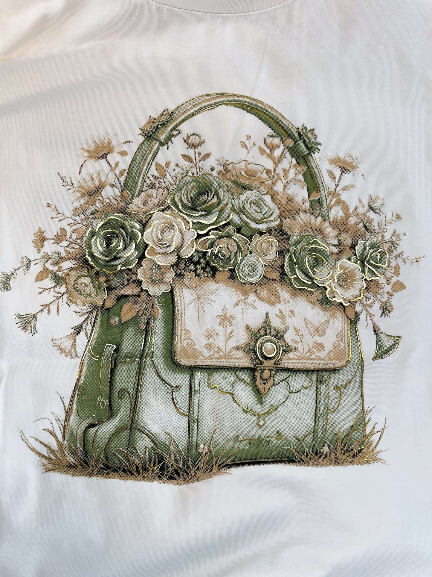 Weißes Kurzarmshirt mit Handtaschen-Blumen Motiv