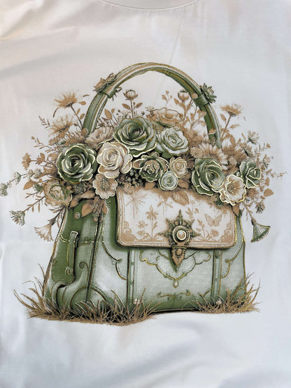 Weißes Kurzarmshirt mit Handtaschen-Blumen Motiv