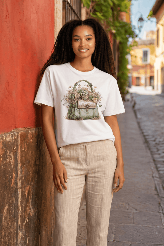 Weißes Kurzarmshirt mit Handtaschen-Blumen Motiv