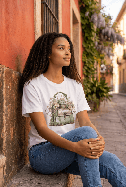 Weißes Kurzarmshirt mit Handtaschen-Blumen Motiv