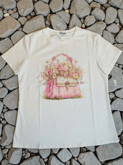 Weißes Kurzarmshirt mit Handtaschen-Blumen Motiv