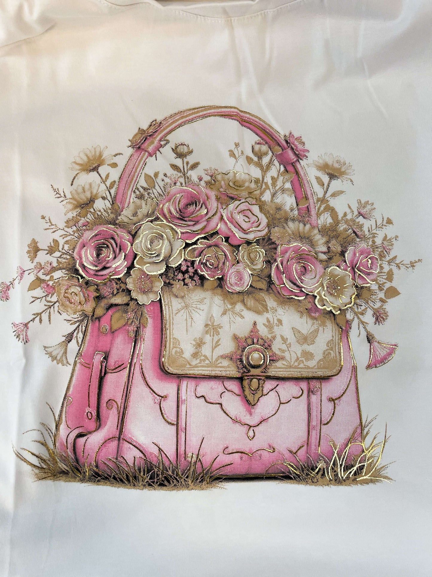 Weißes Kurzarmshirt mit Handtaschen-Blumen Motiv