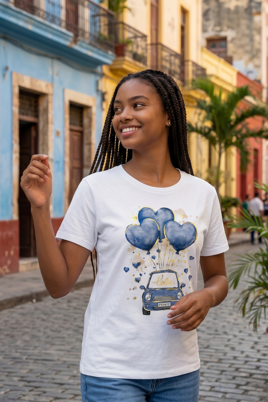 Weißes Kurzarmshirt mit Auto-Herzluftballons Motiv