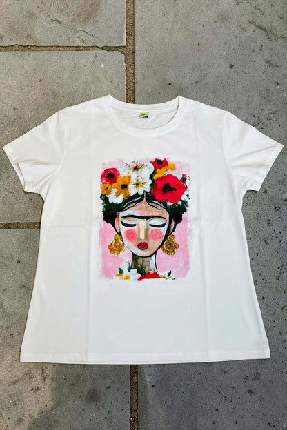 Weißes Kurzarmshirt mit Frida-Kahlo Motiv