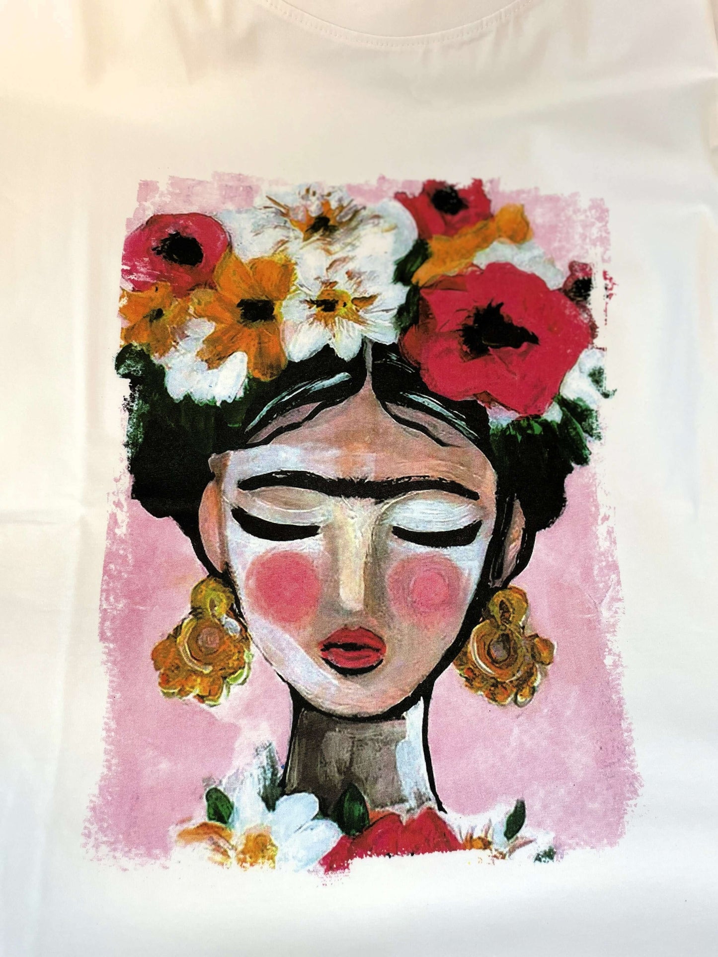 Weißes Kurzarmshirt mit Frida-Kahlo Motiv