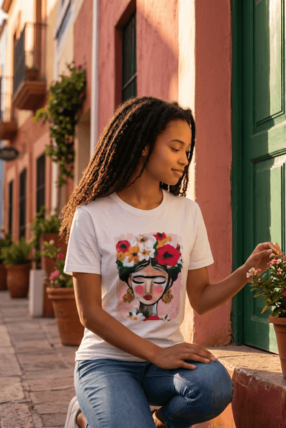 Weißes Kurzarmshirt mit Frida-Kahlo Motiv