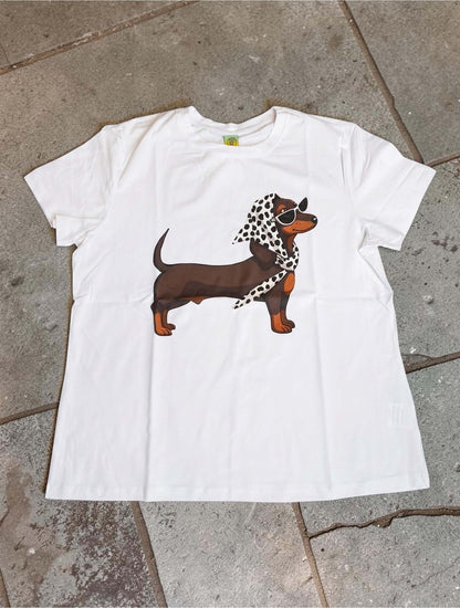 Weißes Kurzarmshirt mit Dackel Motiv