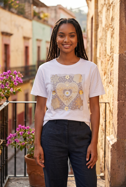Weißes Kurzarmshirt mit braunem Herz-Blumen Aufdruck