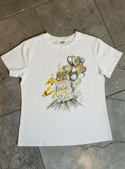 Weißes Kurzarmshirt mit Mädchen-Herzluftballons Motiv