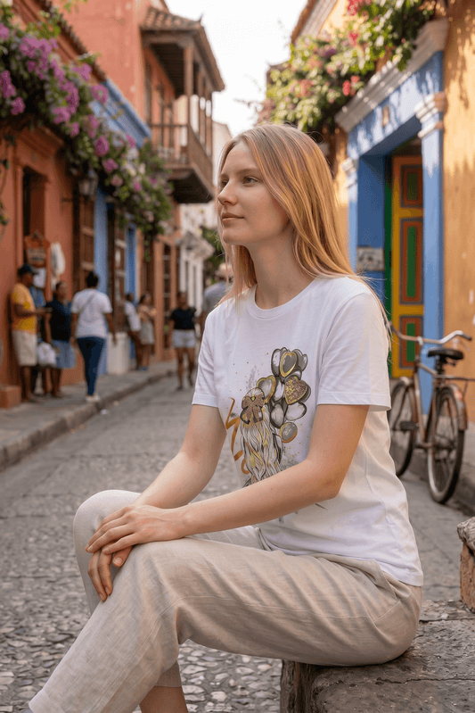 Weißes Kurzarmshirt mit Mädchen-Herzluftballons Motiv