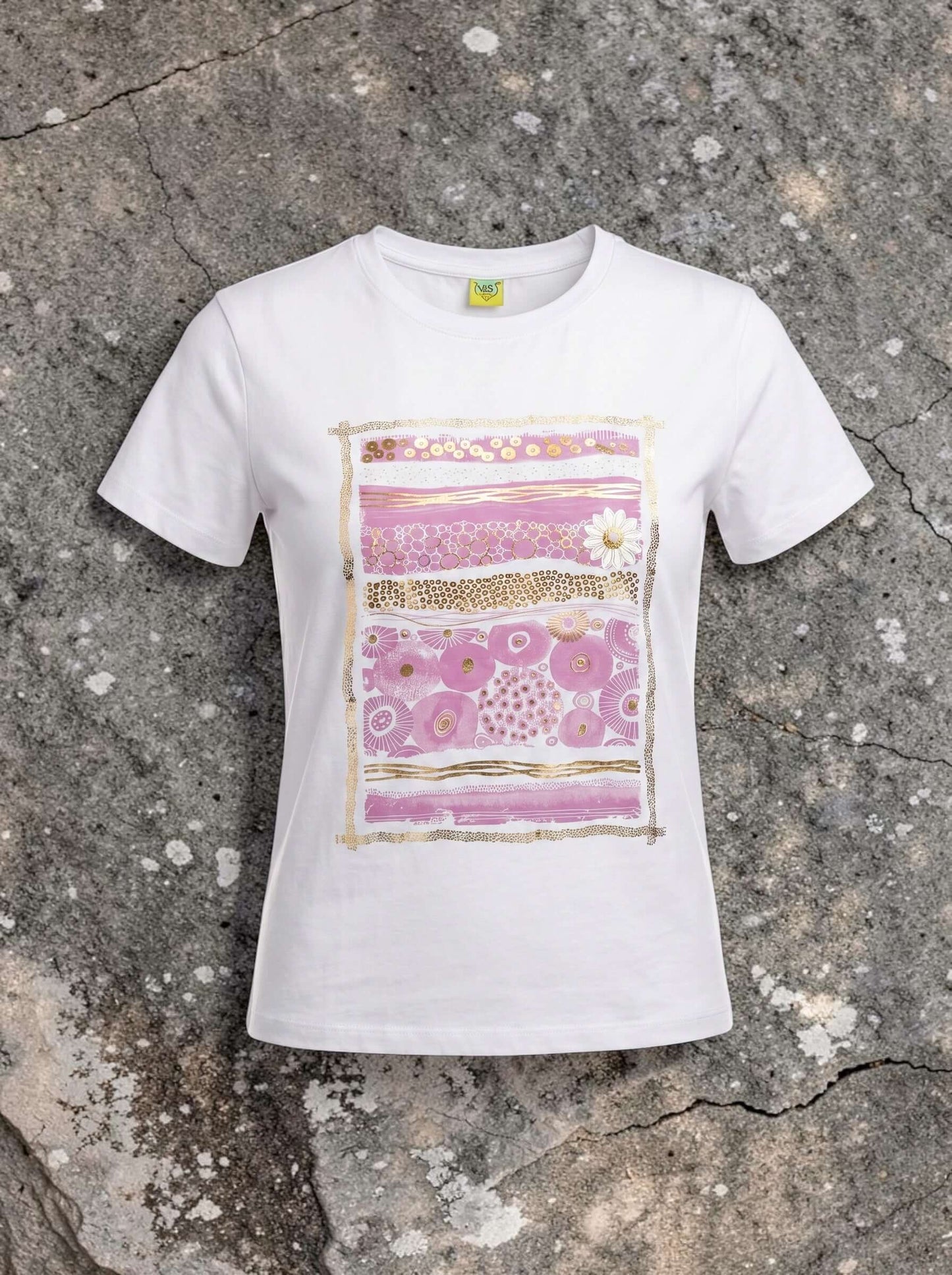 Weißes Kurzarmshirt mit Rosa-Goldenem Aufdruck