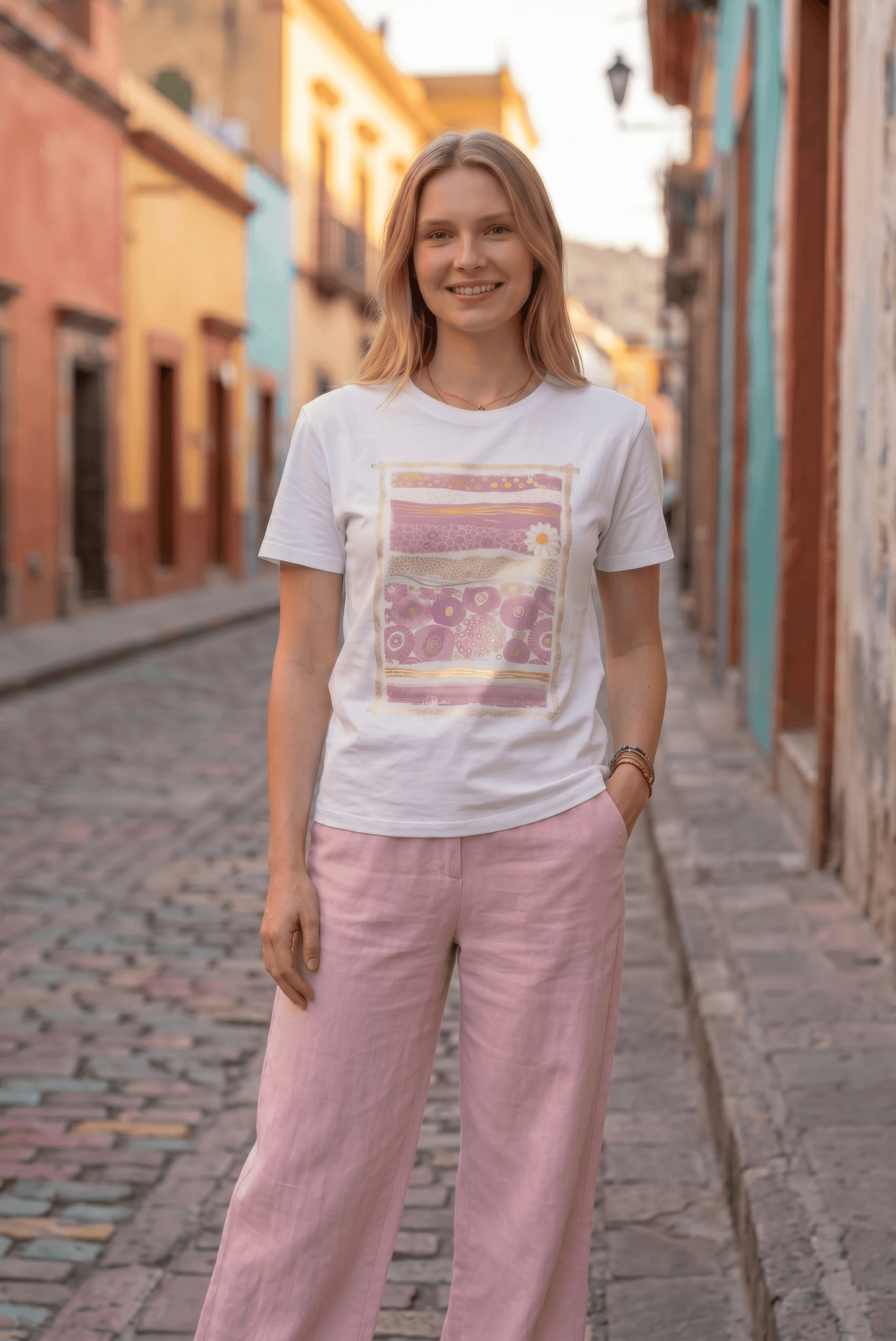 Weißes Kurzarmshirt mit Rosa-Goldenem Aufdruck