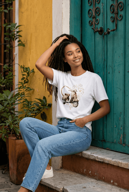 Weißes Kurzarmshirt mit Vespa und Herzen - braun/gold