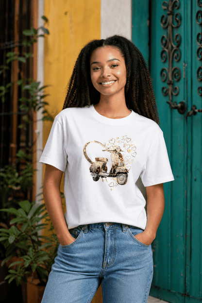 Weißes Kurzarmshirt mit Vespa und Herzen - braun/gold