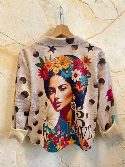 Italienische Veloursjacke mit Frida-Kahlo-Print