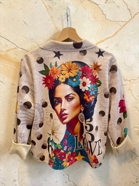 Italienische Veloursjacke mit Frida-Kahlo-Print