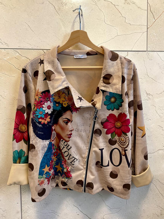 Italienische Veloursjacke mit Frida-Kahlo-Print