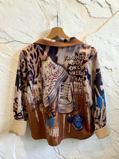 Italienische Veloursjacke mit Frida-Kahlo-Print