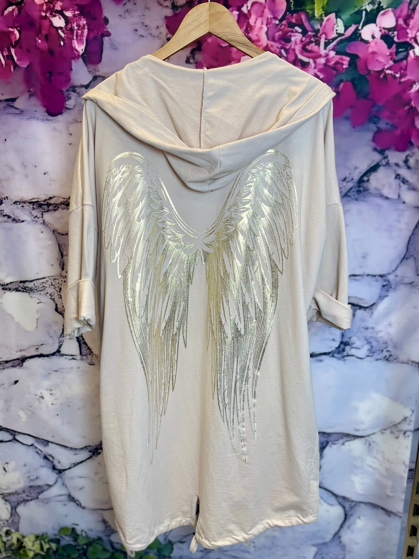 Lange Baumwollweste mit Engelsflügeln & Kapuze