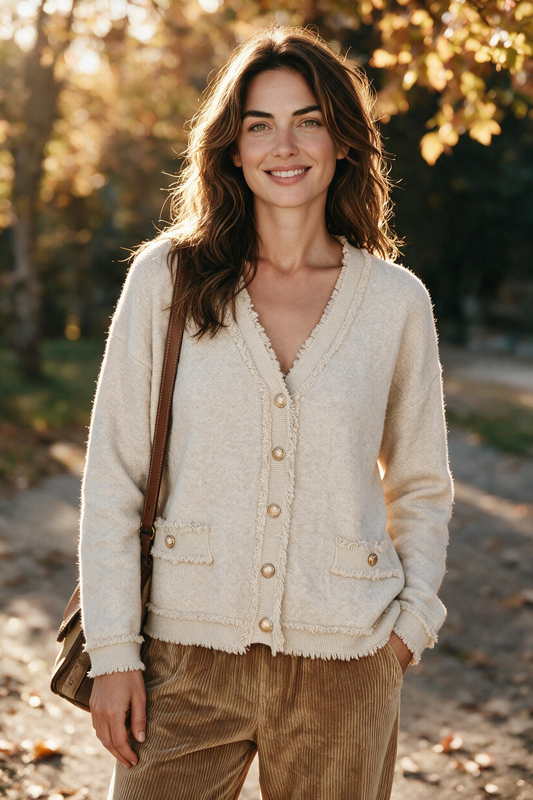 Lässiger Strickblazer mit ausgefranstem Detail und goldenen Knöpfen