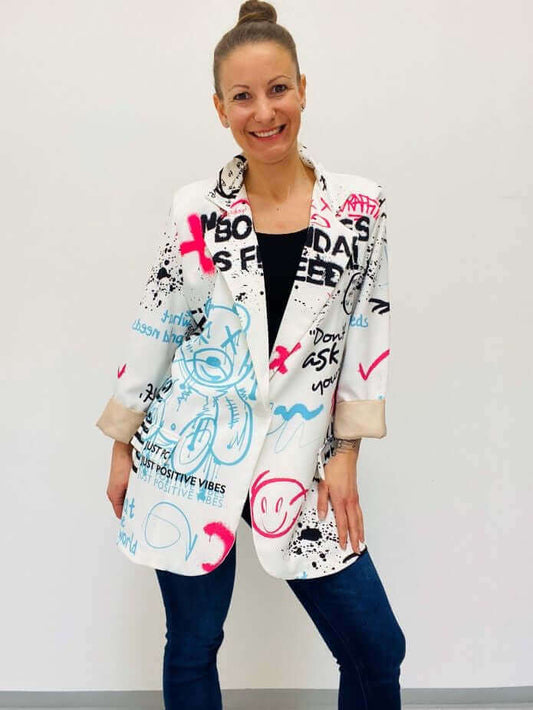 Weißer ausgefallener Blazer mit türkisem Teddy