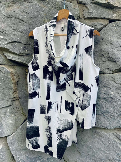 Bluse asymmetrisch ärmellos - Weiß/Schwarz gemustert