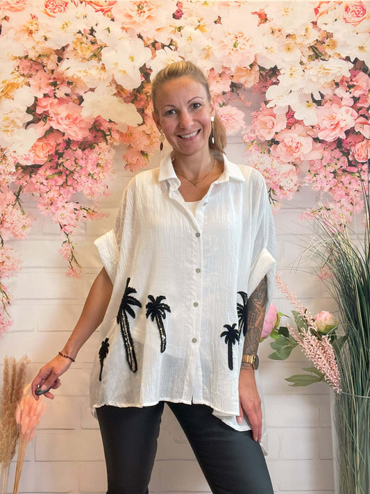 Oversize Bluse mit Palmen - kurzarm