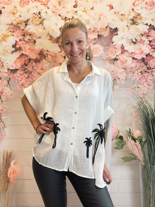 Oversize Bluse mit Palmen - kurzarm