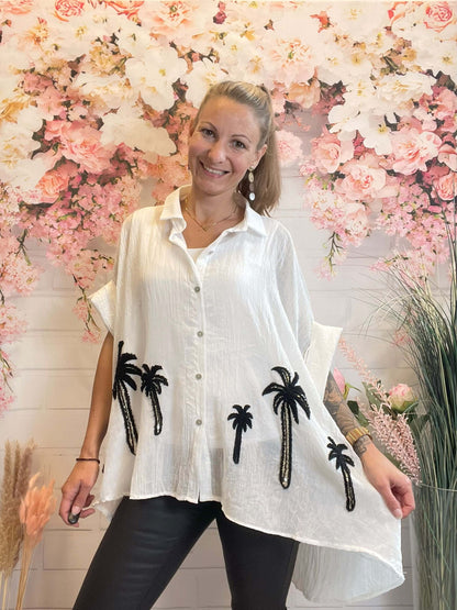 Oversize Bluse mit Palmen - kurzarm