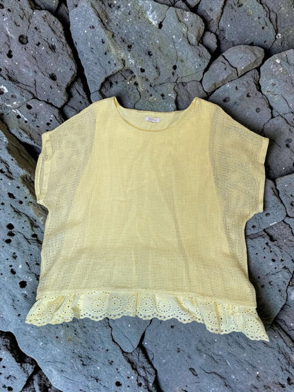 Kurzarm Baumwoll-Bluse mit Netz und Rüschen