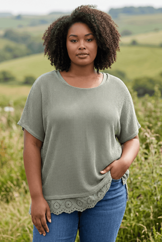 Kurzarm Baumwoll-Bluse mit Netz und Rüschen