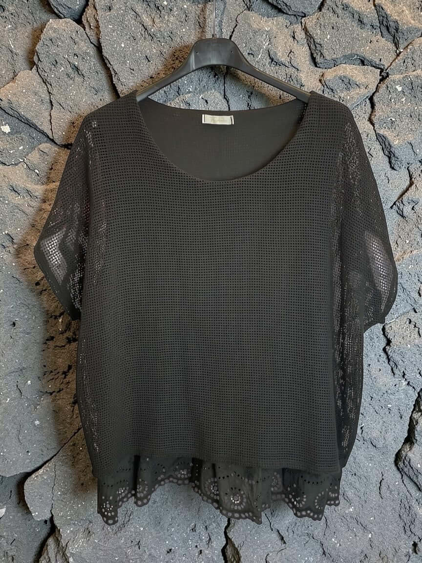 Kurzarm Baumwoll-Bluse mit Netz und Rüschen