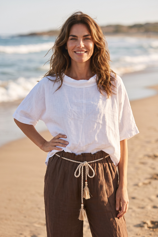 Kurzarm Leinenbluse mit Schalkragen - oversized