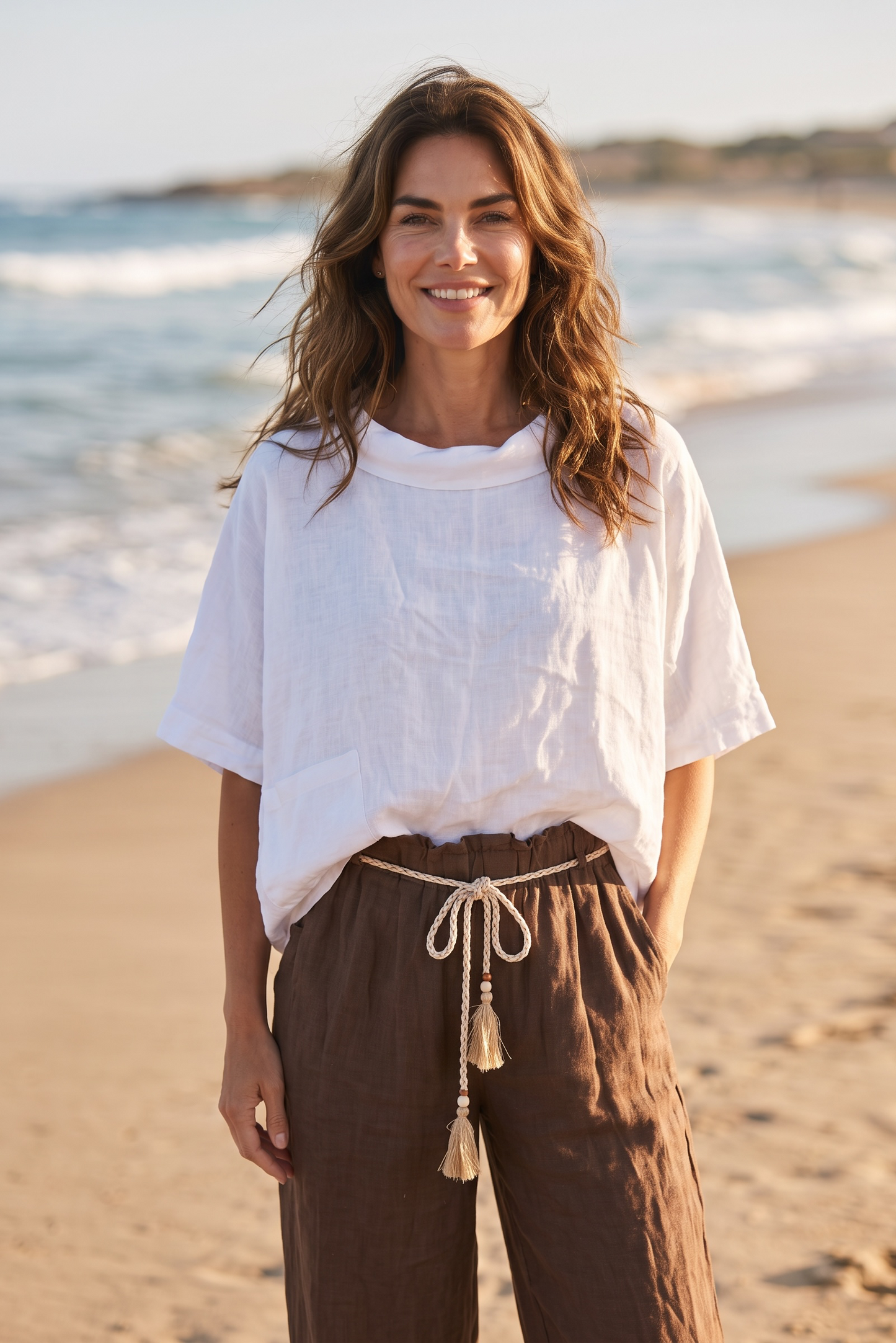 Kurzarm Leinenbluse mit Schalkragen - oversized