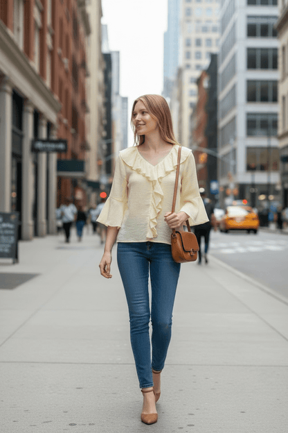Rüschenbluse mit V-Ausschnitt und Silberfäden